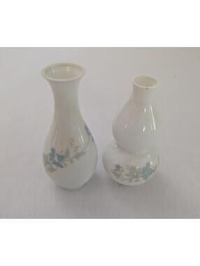 Set of Two Small Japanese Vintage Porcelain Vases with Blue Floral Design